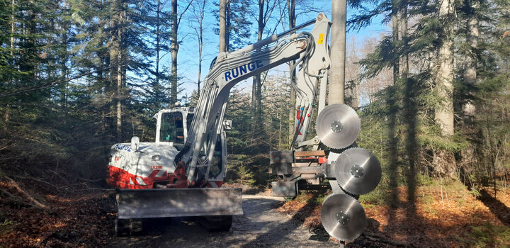 Takeuchi TB 290 mit Ast und Baumkreissäge